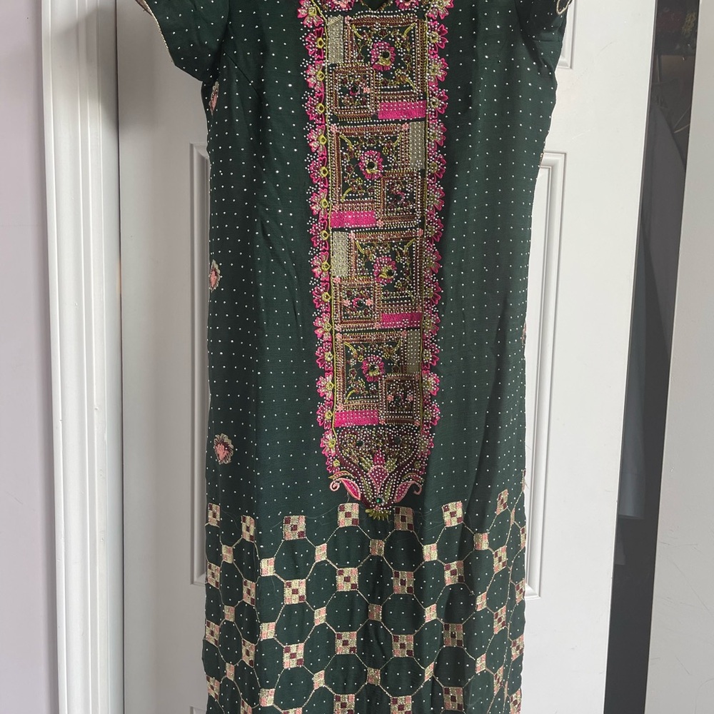 Green and Pink Embroidered Dress